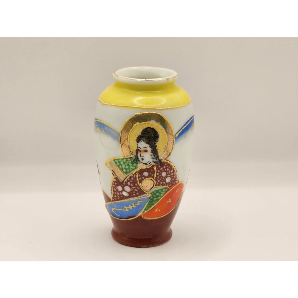 Occupied Japan Satsuma Style Mini Bud Vase Geisha Figural Blue Brown Gold Gilt